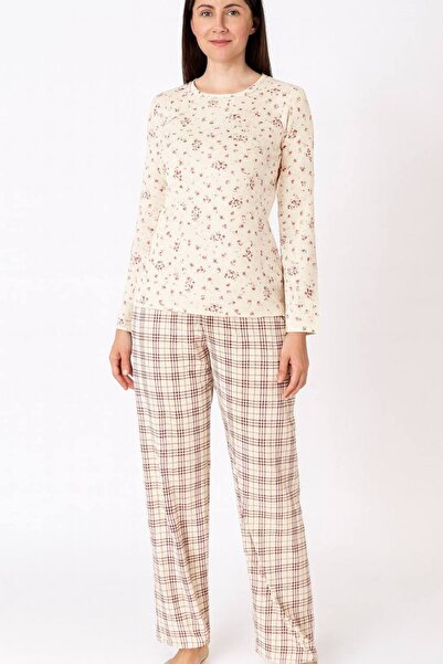 İNSPİRA Ekoseli Çiçek Desenli Uzun Kol Kadın Pijama Takımı 2 İplik Kışlık Kumaş