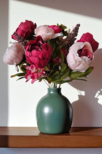 Dekosimge Yapay Büyük Lüks Şakayık Gül Aranjmanı 45 Cm Çiçek Pembe