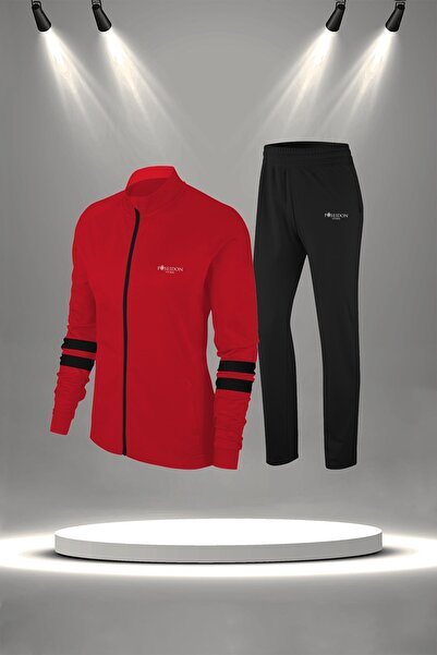 POSEIDON STORM Büyük Beden Kadın Kırmızı Yeni Supra Penye Rahat Her Mevsim Yürüyüş Eşofman Seti (4XL-10XL)