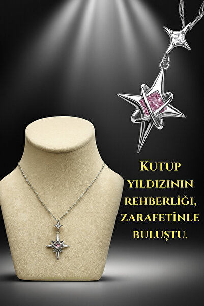 TWOGAN قلادة نجمة القطب الوردي بحجر الزركون، قلادة فولاذية أنيقة وعصرية