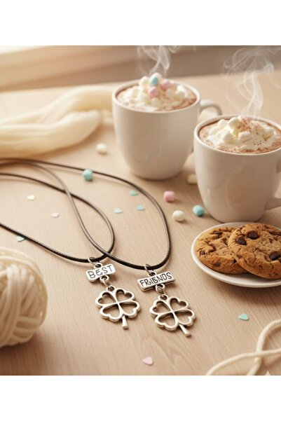 TUNA TAKI & AKSESUAR Antik Gümüş Kaplama Dört 4 Yapraklı Yonca Best Friends Bff Arkadaşlık Kolyesi
