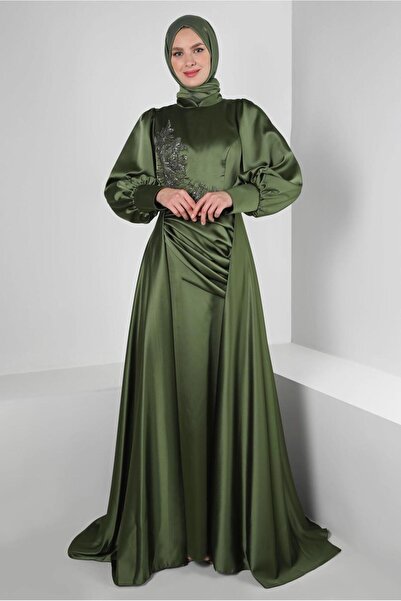 Alvina BONCUK İŞLEMELİ DRAPE DETAYLI SATEN ABİYE ELBİSE 50351