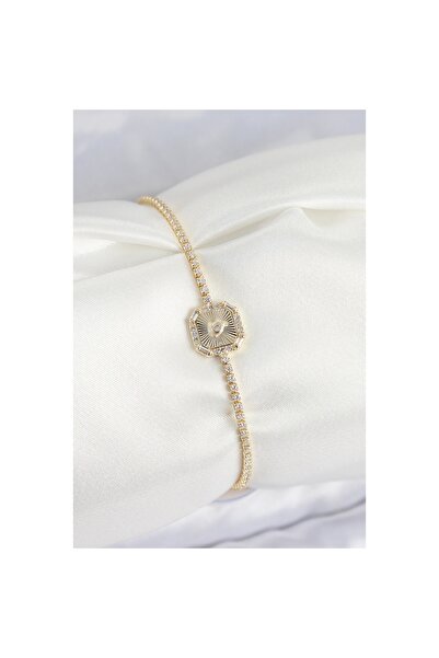 HAYAT STORE Brass Zircon Stone Square Model Gold Color Women's Bracelet - Lis...