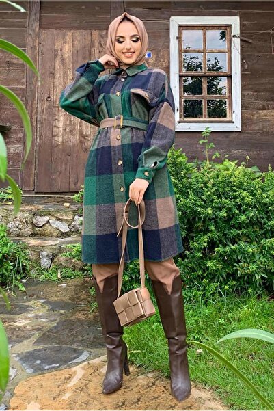TRENDTESETTÜR Women's Green (Emerald) Plaid Belted Lumberjack Shirt 8762