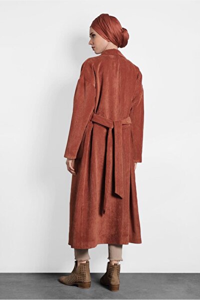 TRENDTESETTÜR Kadın Kahve (KİREMİT) Düğmeli Kuşaklı Kadife Trençkot 10139