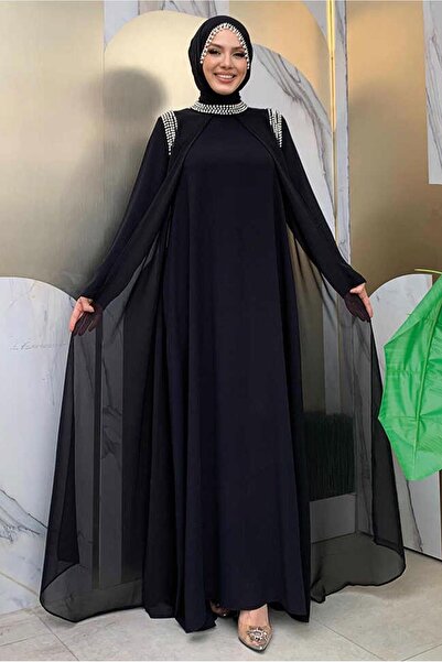 TRENDTESETTÜR KADIN SİYAH TAŞ DETAYLI ABİYE ELBİSE T 6783