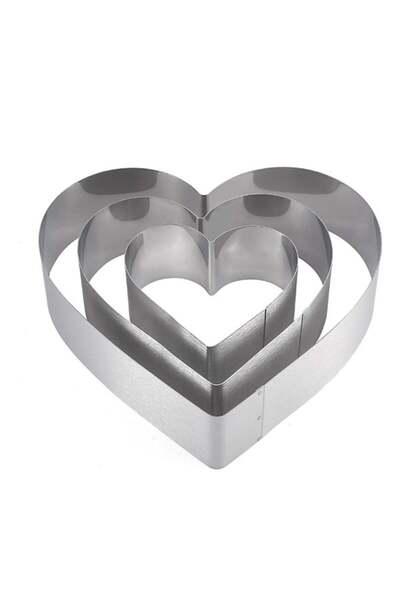 PUFO Set of 3 Heart Cake metal rings in heart shape, for cake tops, cookies, stainless steel, silver