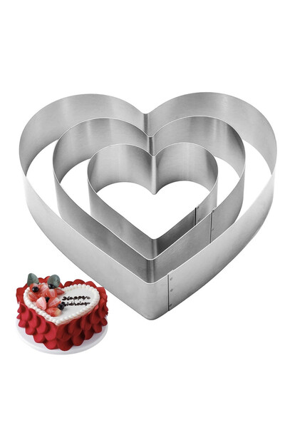 PUFO Set of 3 Heart Cake metal rings in heart shape, for cake tops, cookies, stainless steel, silver
