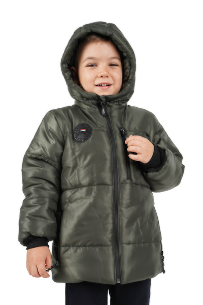 QAWWA Erkek Çocuk Haki Elyaflı Kapüşonlu Rüzgar Geçirmez Şişme Kışlık Mont