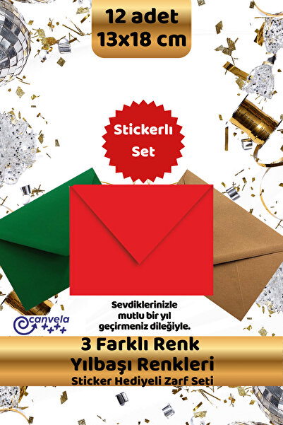 İstisna Yeni Yıl Yılbaşı Temalı 3 Farklı Renk Davetiye Zarfı Mektup Zarf Stickerlı Özel Set 13x18 Cm