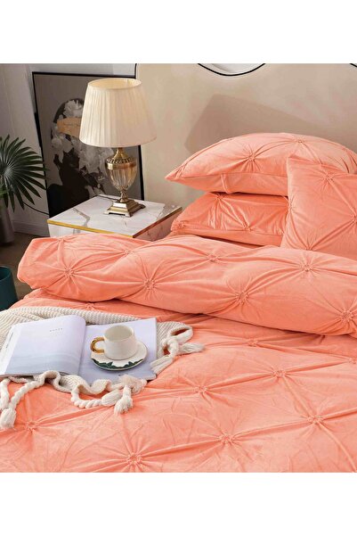 JOJO HOME Double bed linen set, velvet, pleated, with elastic, 4 pieces, Peach