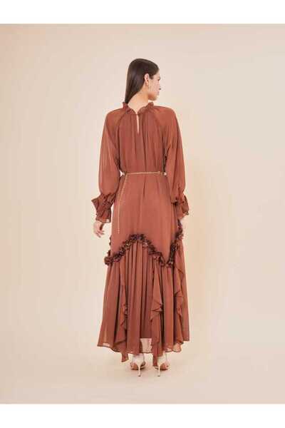 SERPİL Volan ve Çiçek Detaylı Şifon Uzun Elbise 50411