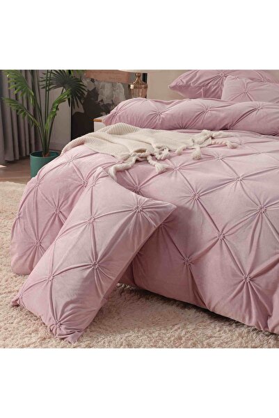 JOJO HOME Double bed linen set, velvet, with pleats, with elastic, 4 pieces, Pink