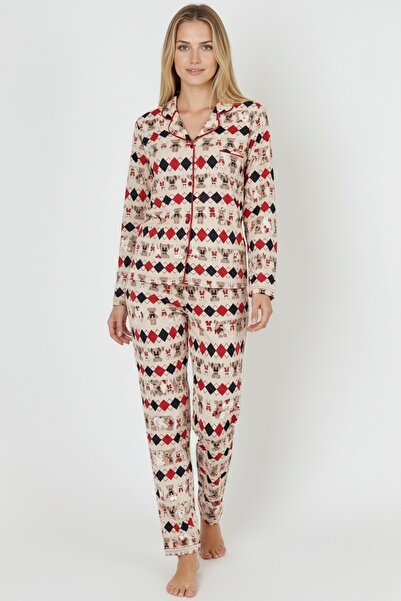 Bravie Luxury Soft Ecru Patterned Long Sleeve Women's Pajama Set – 3028