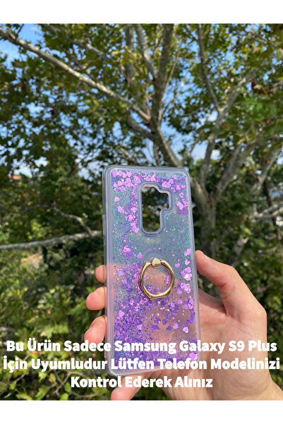 GtTech Samsung Galaxy S9 Plus Uyumlu Sulu Simli Yüzüklü Standlı Parlak Silikon Kılıf Mor