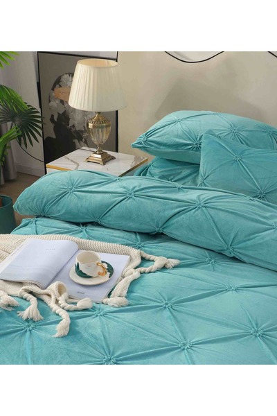 JOJO HOME Double bed linen set, velvet, pleated, with elastic, 4 pieces, Turquoise