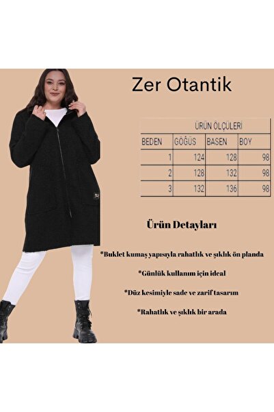 Zer Otantik Stand Collar Boucle Large Size Long Coat Black