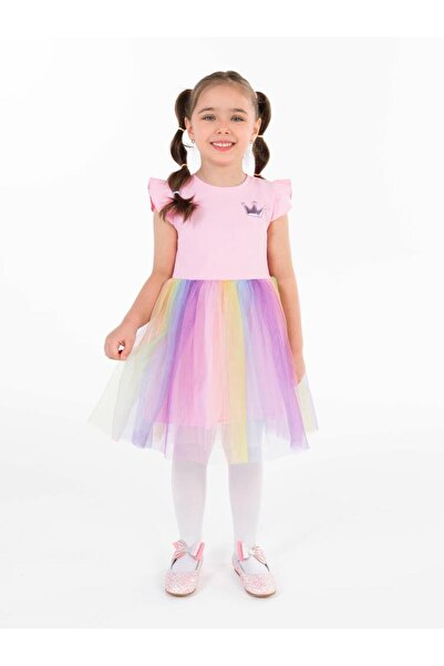 Civil Girls Renkli Tüllü Kaşkorse 4-9 Yaş Elbise - Pembe 8-9 Yaş