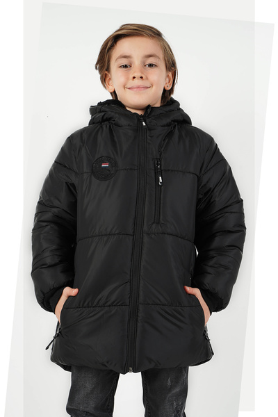 QAWWA Chlapčenská zimná bunda s kapucňou a kapucňou z čierneho vlákna
