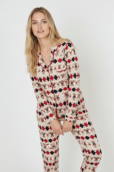 Bravie Luxury Soft Ecru Patterned Long Sleeve Women's Pajama Set – 3028