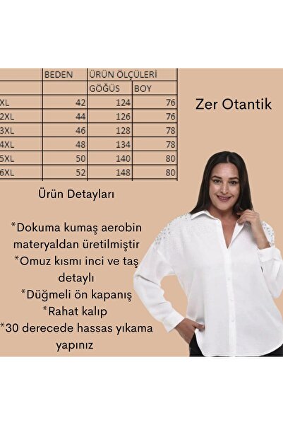 Zer Otantik Large Size White Bead Embroidered Aerobin Shirt