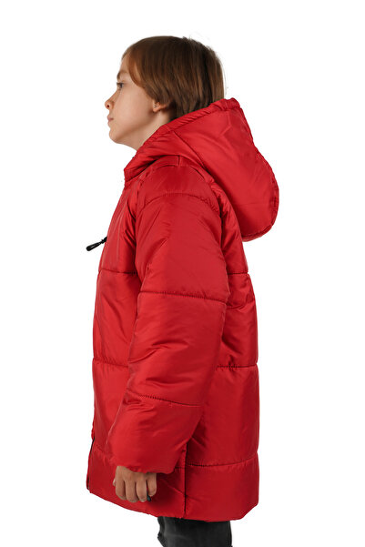 QAWWA Erkek Çocuk Kırmızı Elyaflı Kapüşonlu Rüzgar Geçirmez Şişme Kışlık Mont