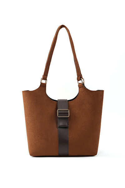 SHAKA Suede Tan/Brown Shk269 Snap Fastener, Single Compartment, Double Strap Hand, Arm and Shoulder Bag