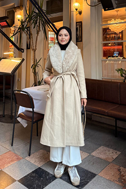 LOCCO Kadın Kürk Yaka Detay Midi Boy Kruvaze Kaban Krem