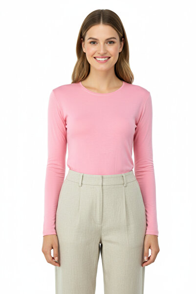 Oppland Дамски памучен плат Badi, плътен цвят, кръгло деколте, дълъг ръкав, с...