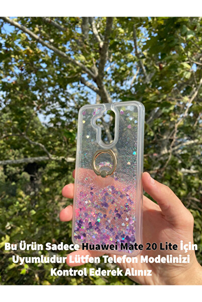 GtTech Huawei Mate 20 Lite Uyumlu Sulu Simli Yüzüklü Standlı Parlak Silikon Kılıf Pembe