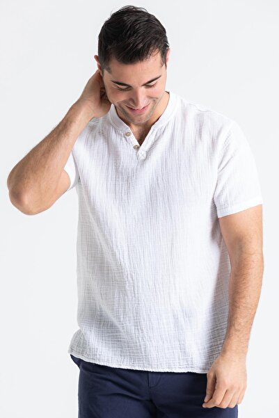 Eliş Şile Bezi Ανδρικό μπλουζάκι με κοντό μανίκι, καλοκαιρινό μουσελίνα, λευκό Byz