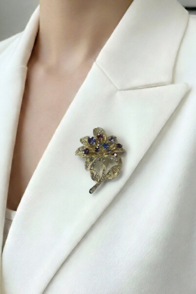 Modex Altın Rengi Taş Detaylı Açan Çiçek Broş (5cm)