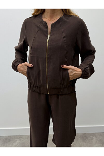 Maldia Shop Zippered Women's Jacket and Pantalon Bottom-Top Coffee Set