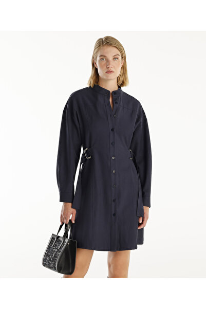 Yargıcı Kemer Detaylı Uzun Kollu Hakim Yaka Kısa Gömlek Elbise