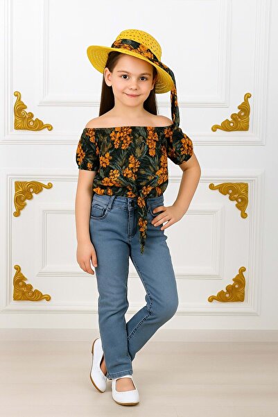 Mnk Baby&Kids Devojčin šešir, farmerke, bluza, letnji dvodelni set M00731 NAR...