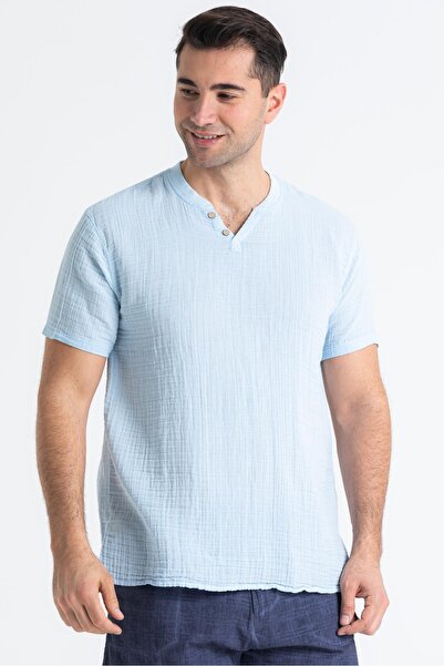 Eliş Şile Bezi Ανδρικό μπλουζάκι κοντομάνικο καλοκαιρινό μουσελίνα Ice Blue Bmv