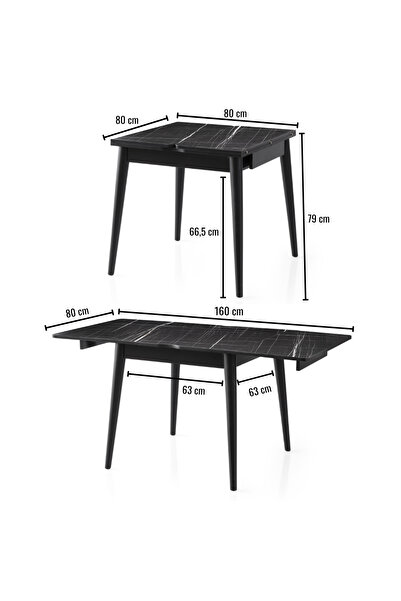 Atolye Casa 80x80cm Siyah Mermer Açılır Mutfak Masası Totem Model
