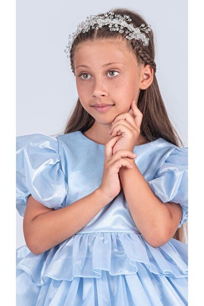 Mnk Baby&Kids Kız Çocuk Eklenebilir Kuyruk Detaylı, Taçlı Aspendos Abiye Elbise M00758 MAVİ