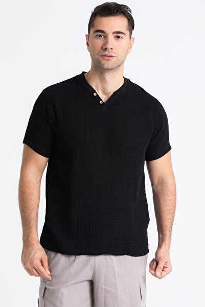 Eliş Şile Bezi Ανδρικό μπλουζάκι καλοκαιρινό μουσελίνα με κοντό μανίκι με ραβδώσεις μαύρο Syh