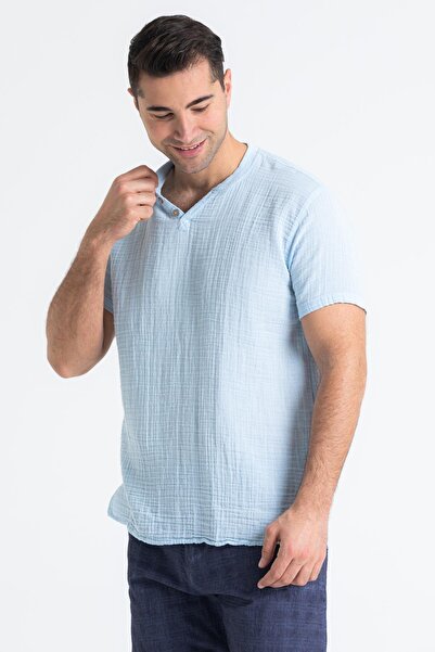 Eliş Şile Bezi Ανδρικό μπλουζάκι κοντομάνικο καλοκαιρινό μουσελίνα Ice Blue Bmv