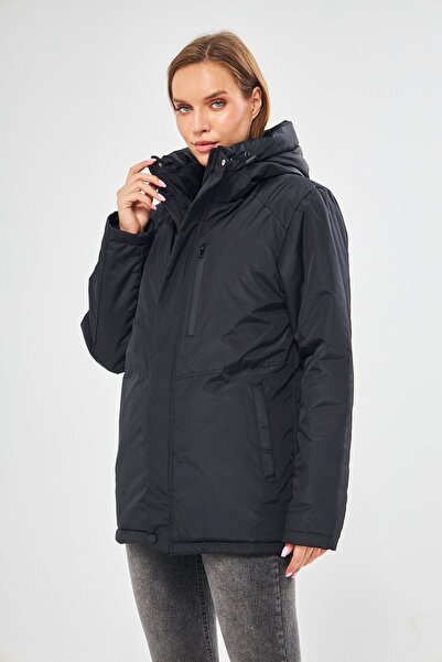 D1fference Kadın Kapüşonlu Rüzgar Geçirmez Kapüşonlu Kışlık Mont & Kaban & Parka