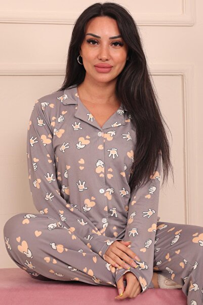 Niket Life Women's Mickey Hand and Heart Patterned Buttoned Front Milan Fabri...