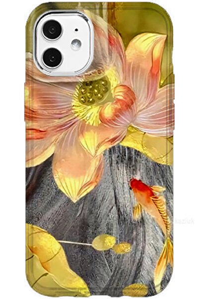 Turkuaz Iphone 11 Özel Yağlı Boya Çiçek Tasarımlı Lüks Silikon Kılıf