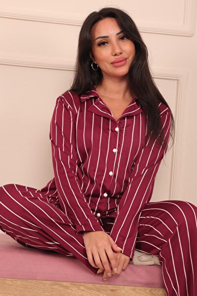 Niket Life Kadın Dikey Çizgi Desenli Önü Düğmeli Uzun Kol Altı Uzun Milan Kumaş Pijama Takımı