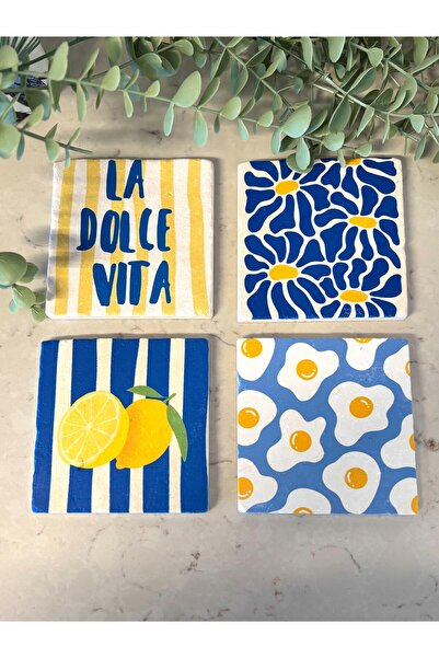 arslart طقم قواعد أكواب من الحجر الطبيعي على طراز البحر الأبيض المتوسط، ديكور...