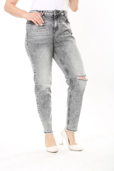 Şans Gray Washed Effect Ripped Detail Large Size Jeans - 65N37915