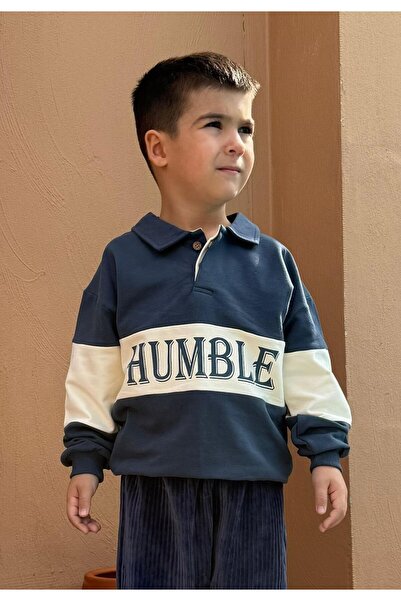 Cigit Hanorac imprimat cu guler polo 4-12 ani bleumarin