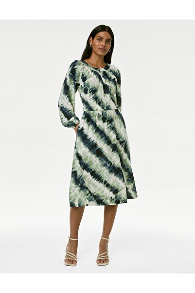 Marks & Spencer Uzun Kollu Desenli Midi Elbise