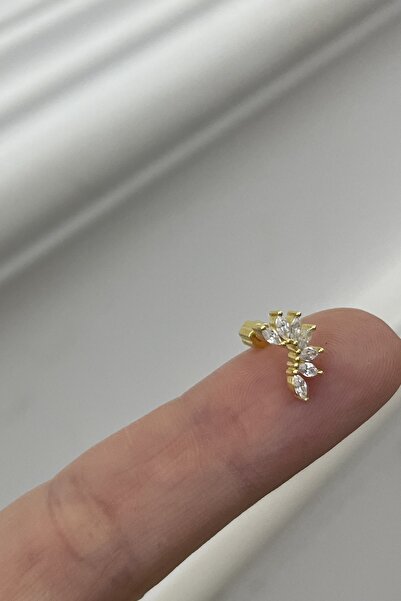Siminkari 925 Ayar Gümüş Üzerine Mikron Altın Kaplama Taşlı Yarım Ay Gold Piercing Tragus Helix