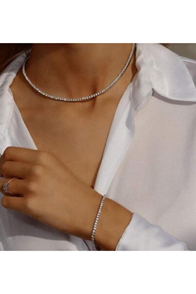 MAKSESUAR Kadın Zirkon Taşlı Su Yolu Kolye Ve Bileklik Set